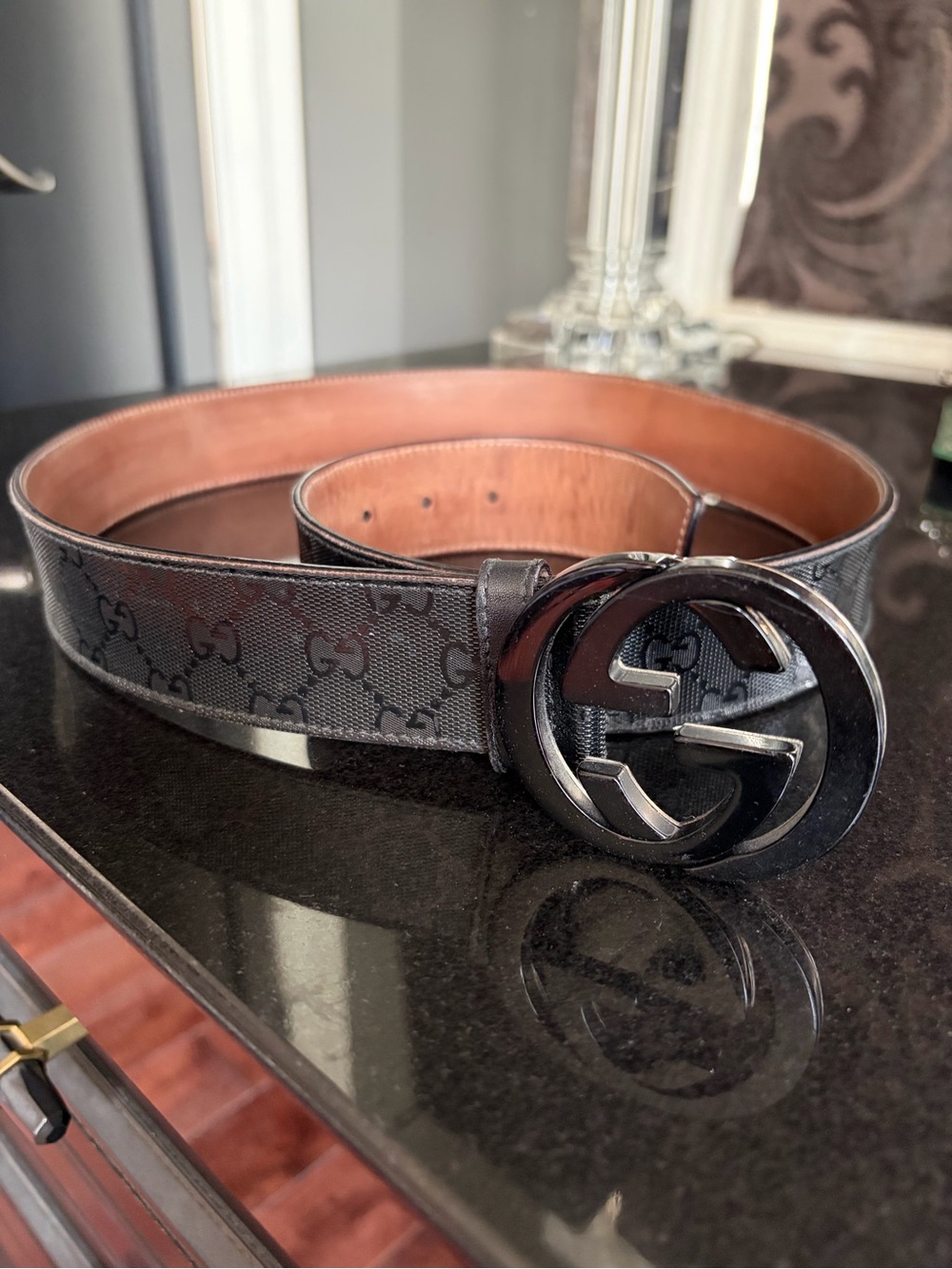 Designer Black Logo Print women’s belt  with Glossy Black Buckle